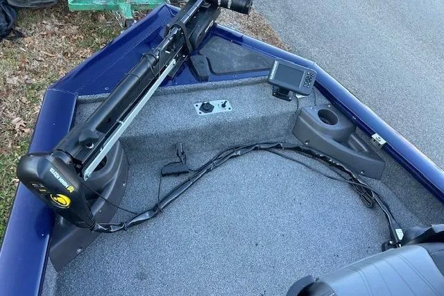 Slide: The Image of 2020 Tracker Pro Team 175 TF boat deck with trolling motor and fish finder. - 12