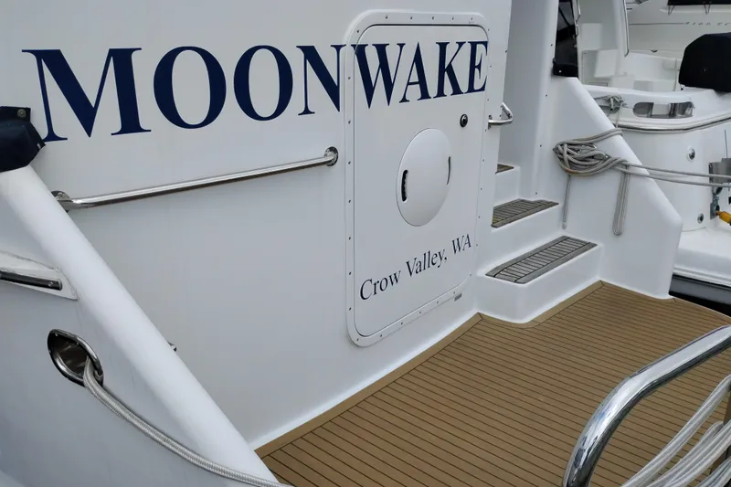Slide: The Image of 1985 Ocean Alexander Custom Aft Deck Motoryacht, "Moonwake," Crow Valley, WA, docked view. - 2
