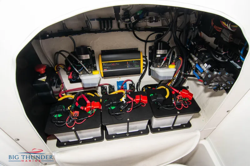 Slide: The Image of 2023 Fountain 34 Center Console boat electrical system with batteries and wiring. - 25