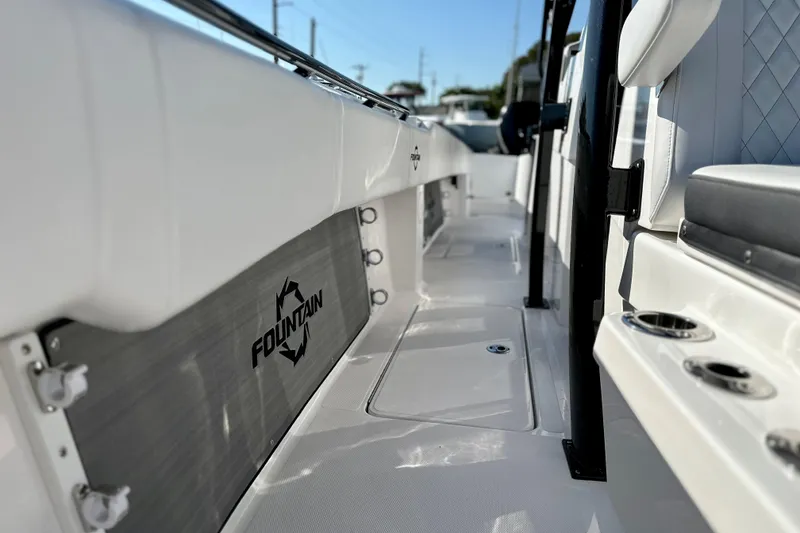 Slide: The Image of 2024 Fountain 34 Tournament Edition boat interior with sleek seating and modern design. - 10