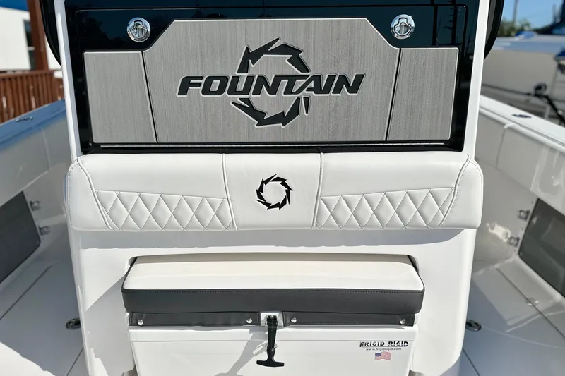 Slide: The Image of 2024 Fountain 34 Tournament Edition boat interior with logo and seating detail. - 15