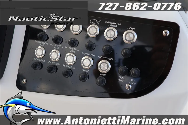 Slide: The Image of Control panel of 2026 NauticStar 222 Offshore boat with various switches and buttons. - 17