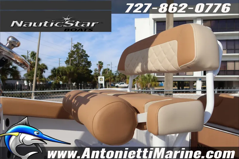 Slide: The Image of 2026 NauticStar 222 Offshore boat seat with tan upholstery, Antonietti Marine branding. - 20