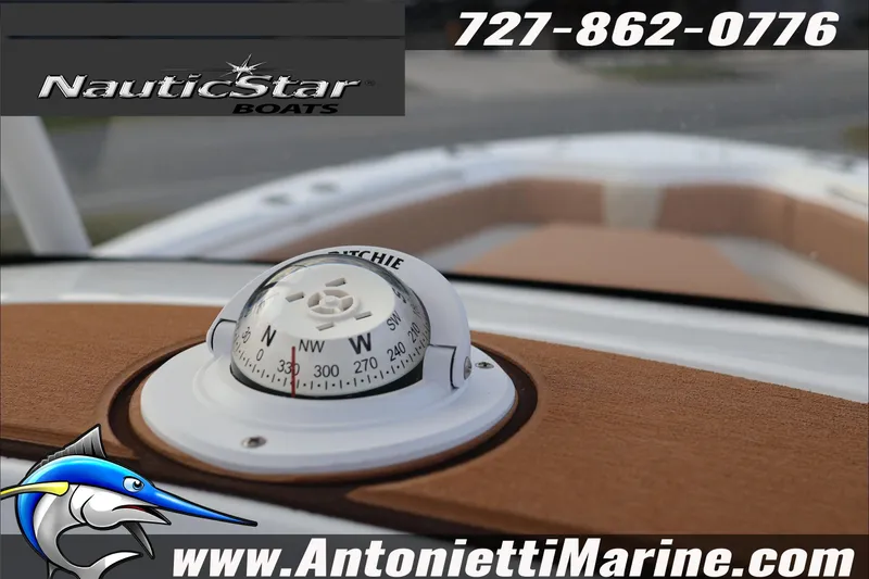 Slide: The Image of Compass on NauticStar 222 Offshore boat, 2026 model, with contact details and logo. - 23