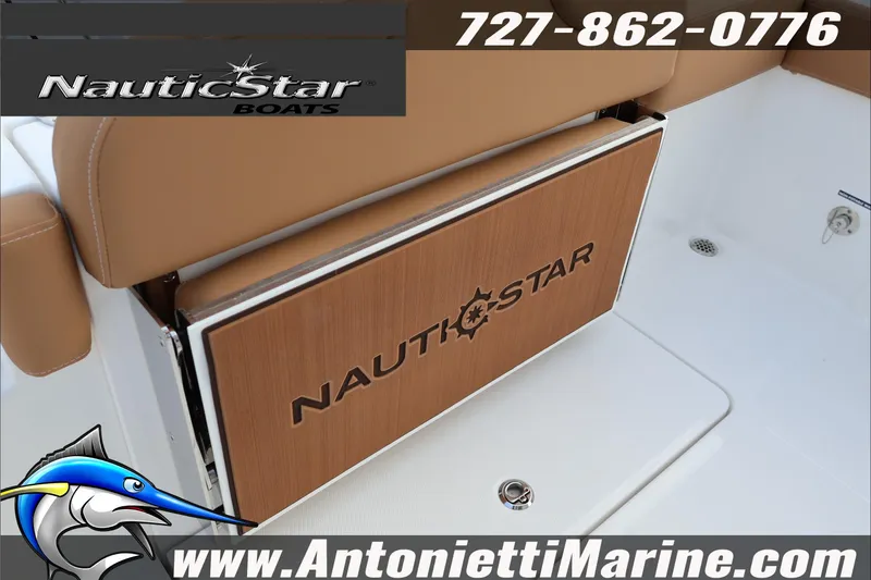 Slide: The Image of 2026 NauticStar 222 Offshore boat seat with logo and contact details. - 32