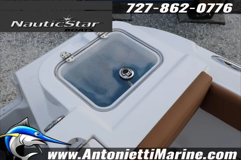 Slide: The Image of 2026 NauticStar 222 Offshore boat detail with livewell and seating, Antonietti Marine branding. - 34