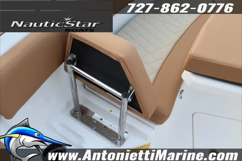 Slide: The Image of 2026 NauticStar 222 Offshore boat seat detail with contact information and logo. - 38