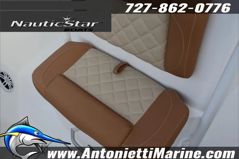 Slide: The Image of 2026 NauticStar 222 Offshore boat seat with brown and beige upholstery, Antonietti Marine branding. - 40