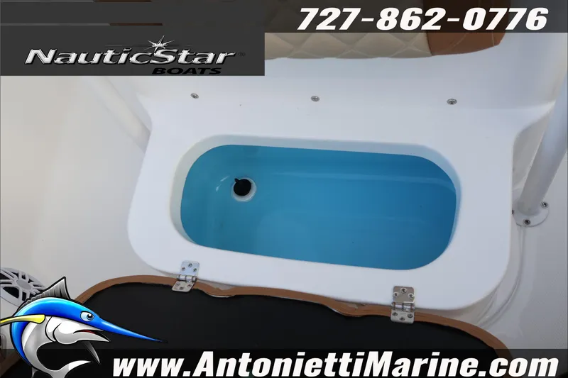 Slide: The Image of 2026 NauticStar 222 Offshore boat livewell with contact details and logo. - 41