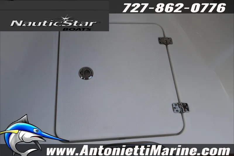 Slide: The Image of 2026 NauticStar 222 Offshore boat hatch with logo and contact details. - 42