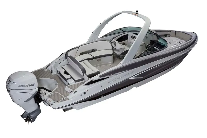 Slide: The Image of 2026 Crownline 288 SS boat with Mercury outboard engine, sleek design, and spacious seating. - 2