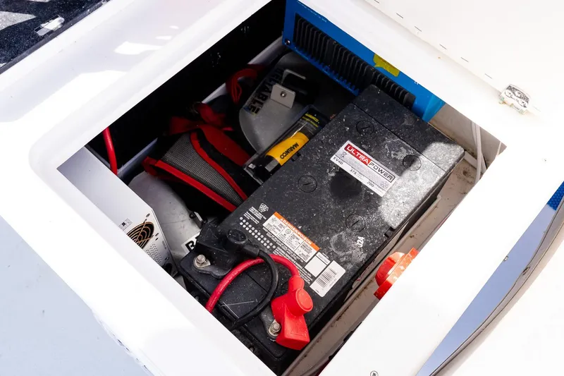 Slide: The Image of Battery compartment of 2024 Steiger Craft 31 Fisherman boat, featuring Ultra Power battery. - 22