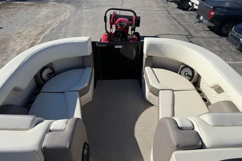 Slide: The Image of Luxurious seating on 2026 Alera MQ23 boat, featuring spacious, curved design and modern upholstery. - 12