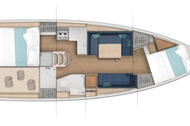 Slide: The Image of Floor plan of 2025 Jeanneau Sun Odyssey 380 sailboat, featuring cabins, kitchen, and seating area. - 30