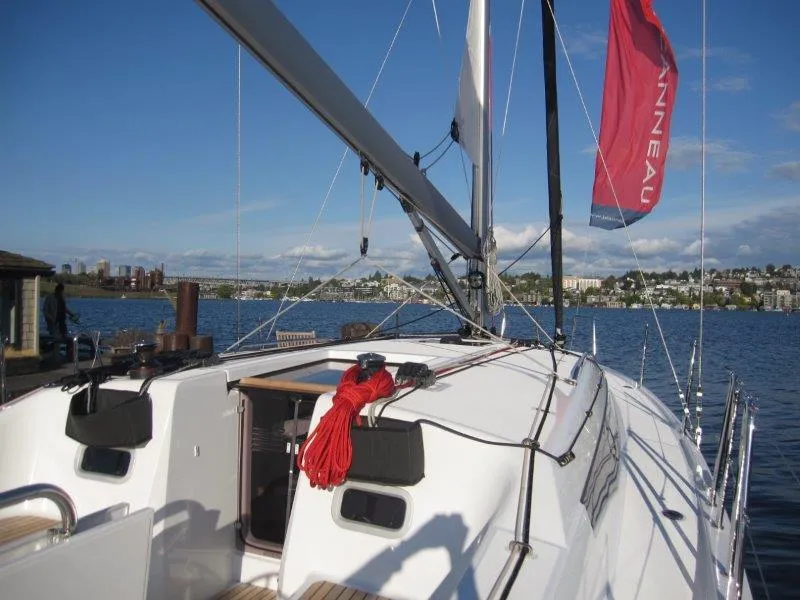 Slide: The Image of 2024 Jeanneau 380 sailboat on a sunny day, docked by the waterfront. - 34