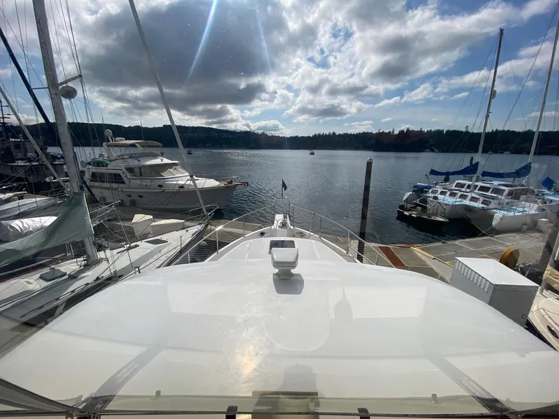 Slide: The Image of View from 1999 Ocean Alexander 510 Pilothouse yacht overlooking the harbor. - 36