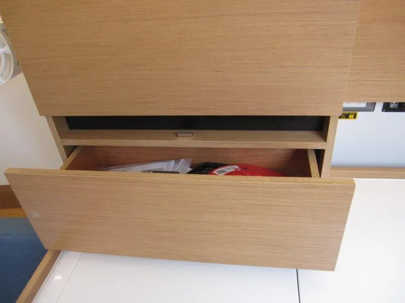 Slide: The Image of Open wooden drawer in Jeanneau Sun Odyssey 350 yacht, 2025 model. - 43