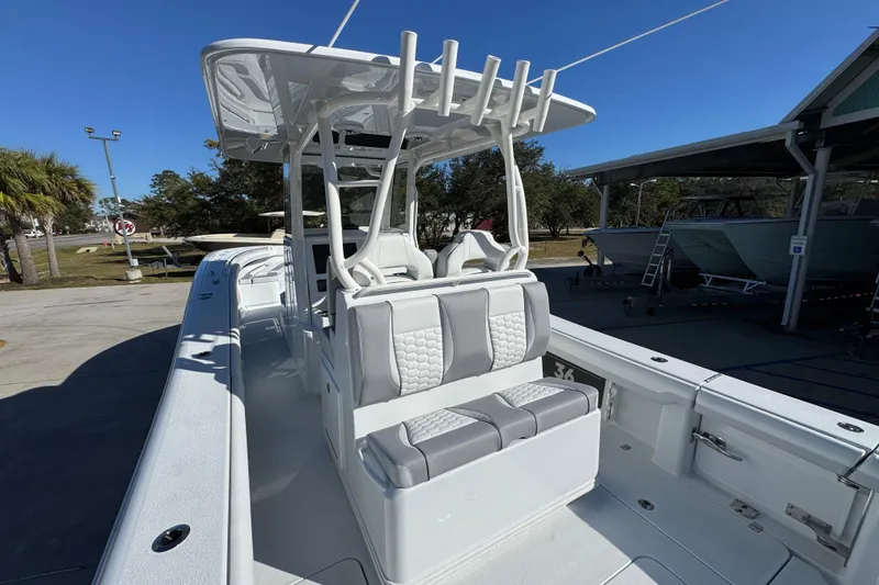 Slide: The Image of 2026 Yellowfin 36 Offshore boat with sleek seating and modern design. - 41