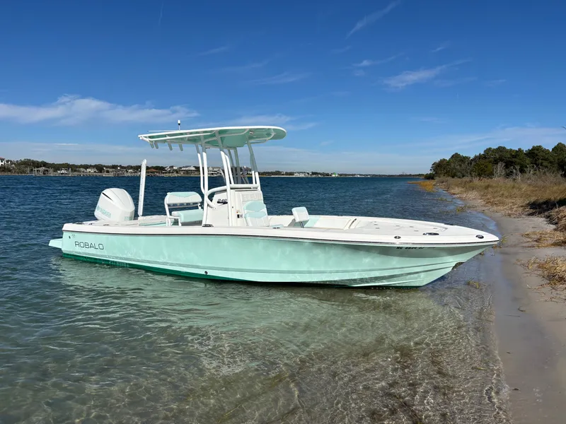 The Image of 2018 Robalo 246 Cayman boat on beach under clear sky. - 0