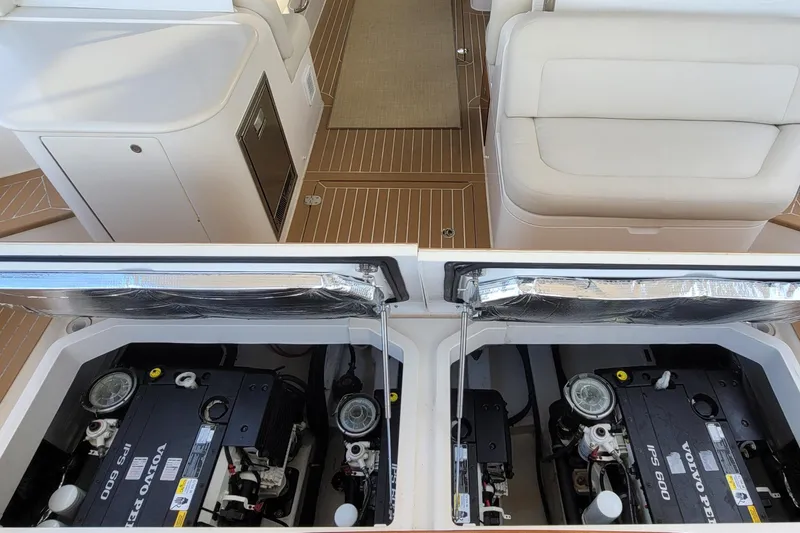 Slide: The Image of 2018 MJM 50z yacht interior with Volvo Penta IPS 600 engines visible. - 45