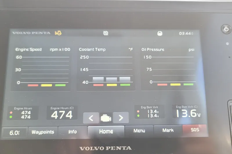 Slide: The Image of Volvo Penta engine display showing speed, coolant temperature, oil pressure, and battery voltage on MJM 50z. - 53