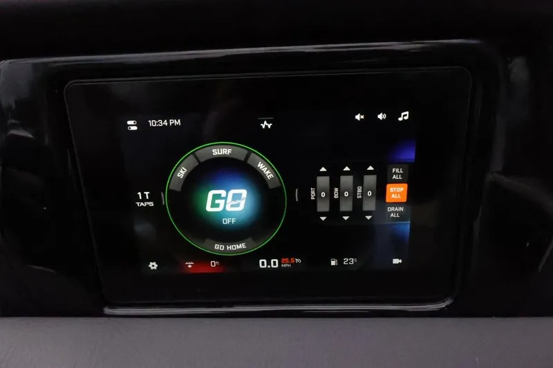 Slide: The Image of Touchscreen control panel of 2026 ATX Surf Boats 22 Type-S, displaying surf and wake settings. - 25