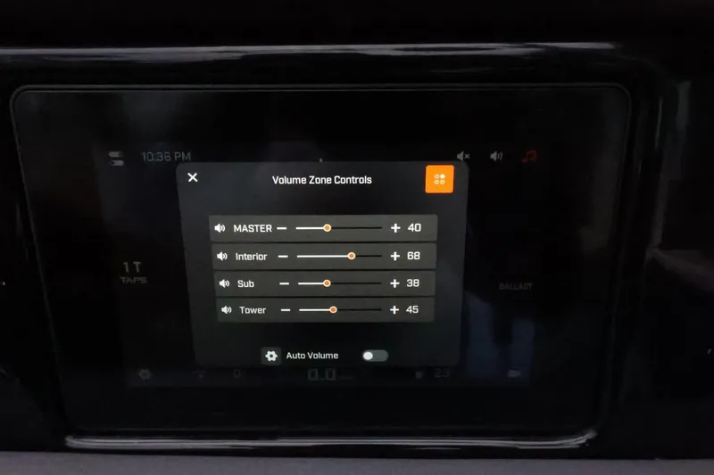 Slide: The Image of 2026 ATX Surf Boats 22 Type-S touchscreen displaying volume zone controls. - 29