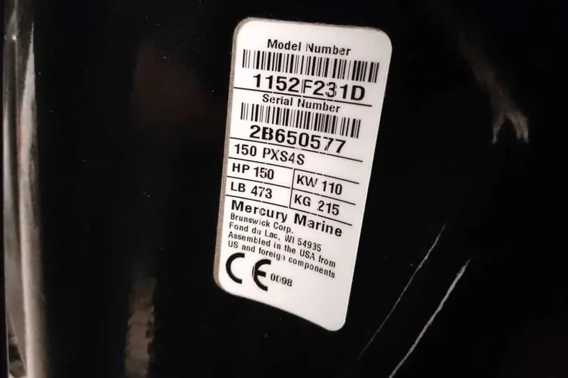 Slide: The Image of Label on 2020 Ranger 1850MS Reata, displaying model and serial numbers, Mercury Marine details. - 3