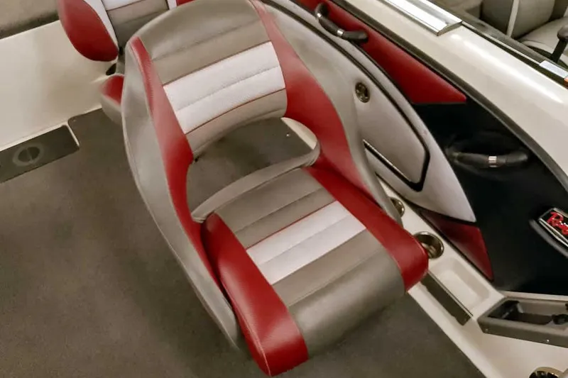 Slide: The Image of 2020 Ranger 1850MS Reata boat seat with red, gray, and white upholstery. - 31