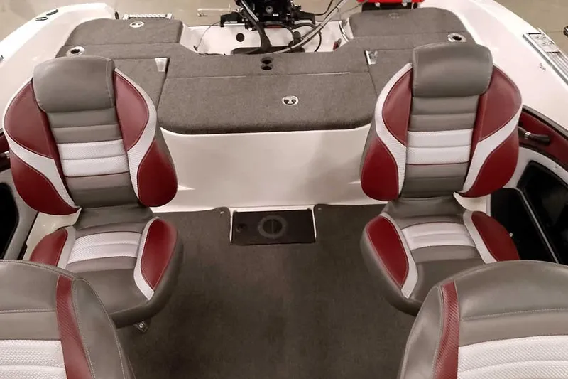 Slide: The Image of 2020 Ranger 1850MS Reata boat interior with red and gray seating. - 42