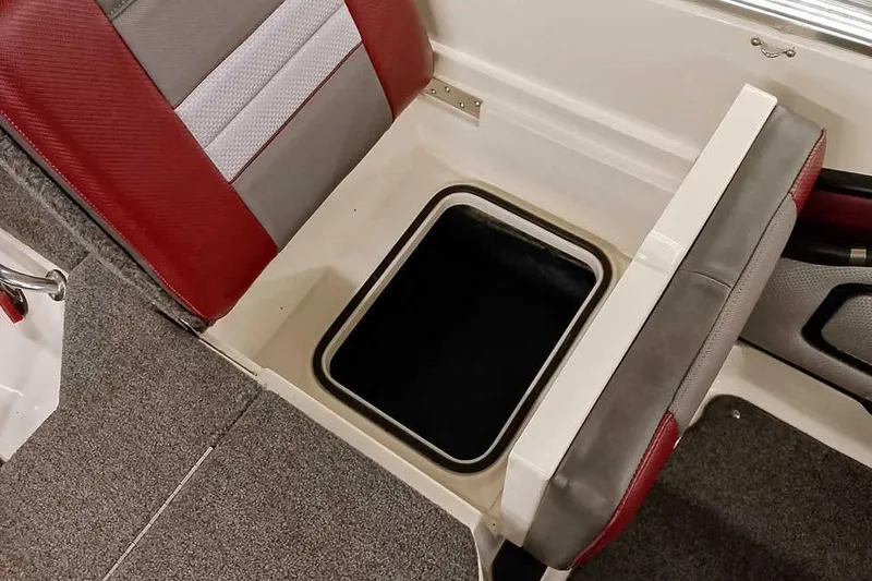 Slide: The Image of 2020 Ranger 1850MS Reata boat seat with storage compartment, red and gray upholstery. - 48