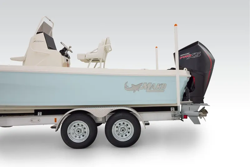 Slide: The Image of 2026 Mako 24 APEX boat on trailer with Mercury Pro XS engine. - 51