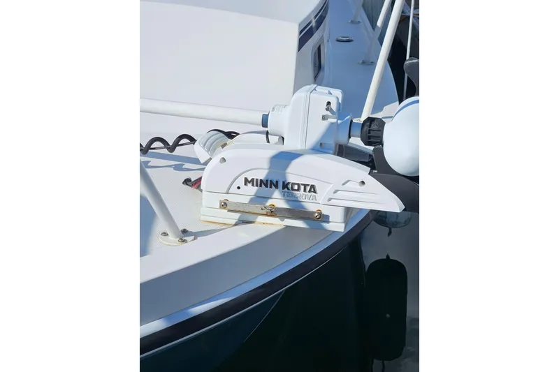 Slide: The Image of Minn Kota Terrova motor on 2021 Steiger Craft 31 Miami boat deck. - 8