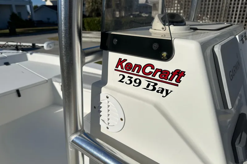 Slide: The Image of Bay Rider 239 Bay boat, 2020 model, featuring KenCraft branding and Garmin equipment. - 51