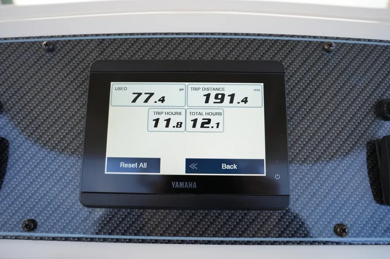 Slide: The Image of Yamaha display on 2026 Grady-White 251 Coastal Explorer showing trip data and fuel usage. - 28