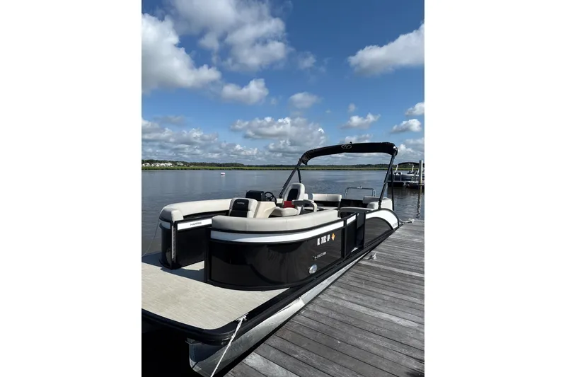 The Image of 2024 Harris Breeze 230 pontoon boat docked on a sunny day with blue skies. - 1