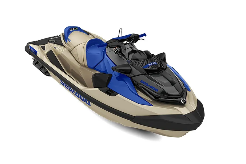 The Image of Manufacturer Provided Image: 2026 Sea-Doo Wake Pro 230 jet ski in beige and blue, side view. - 0