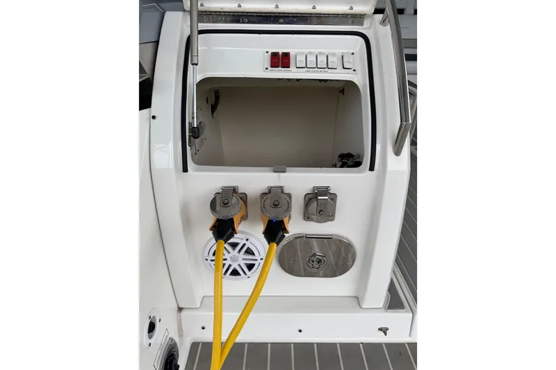 Slide: The Image of 2020 Formula 400 Super Sport Crossover boat electrical panel with yellow power cords. - 42