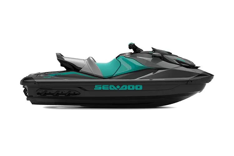 Slide: The Image of Manufacturer Provided Image: 2026 Sea-Doo GTR 230 jet ski, sleek black and teal design, side view. - 1