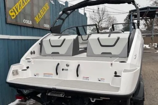 Slide: The Image of 2026 Yamaha Boats AR220, white exterior, displayed at Sizzle Marine, Ohio. - 3