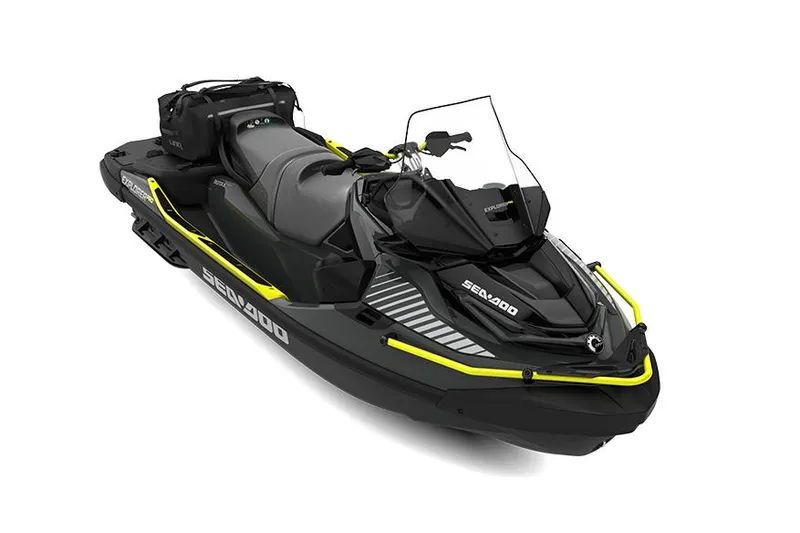 The Image of Manufacturer Provided Image: 2026 Sea-Doo Explorer Pro 230 jet ski, black with yellow accents, side view. - 0
