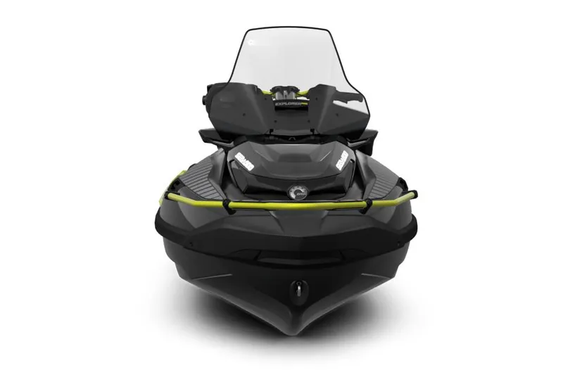 Slide: The Image of Manufacturer Provided Image: 2026 Sea-Doo Explorer Pro 230 jet ski, front view, sleek design, black and green accents. - 2
