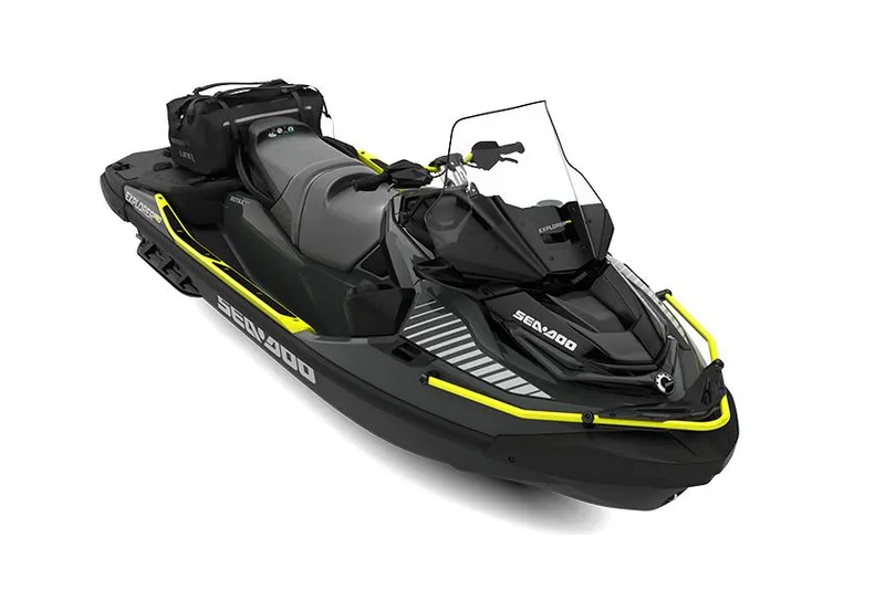 Slide: The Image of Manufacturer Provided Image: 2026 Sea-Doo Explorer Pro 170 jet ski, black with yellow accents, side view. - 2