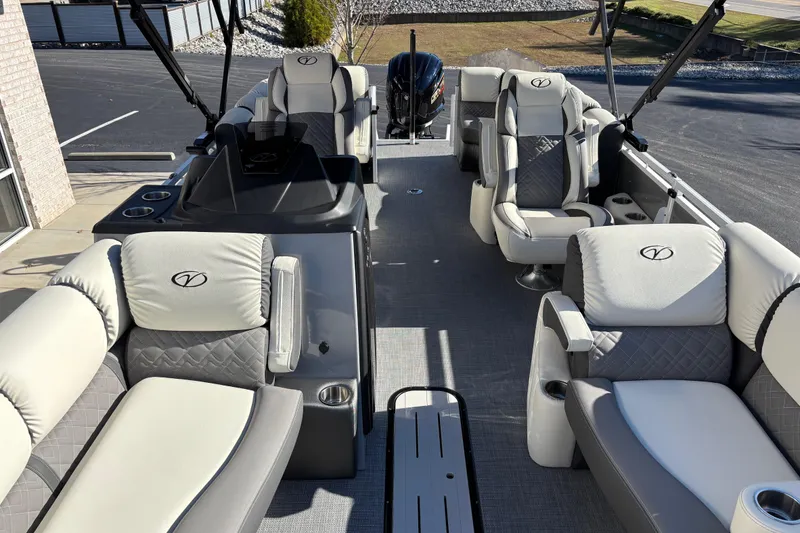 Slide: The Image of 2026 Veranda Relax VR 235 RCP pontoon boat interior with luxurious seating and modern design. - 6