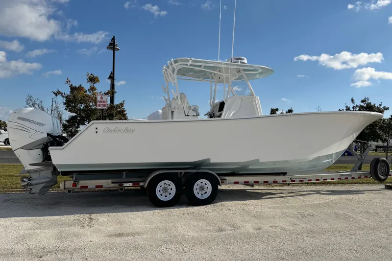 Slide: The Image of 2019 Onslow Bay 33 TE boat on trailer under blue sky. - 5
