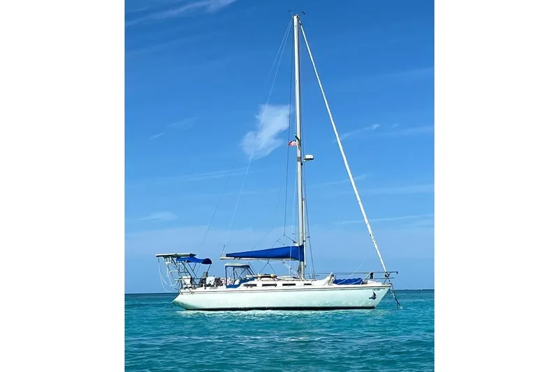 The Image of 1986 Catalina 36 MK1 sailboat with blue canopy on clear ocean water. - 0