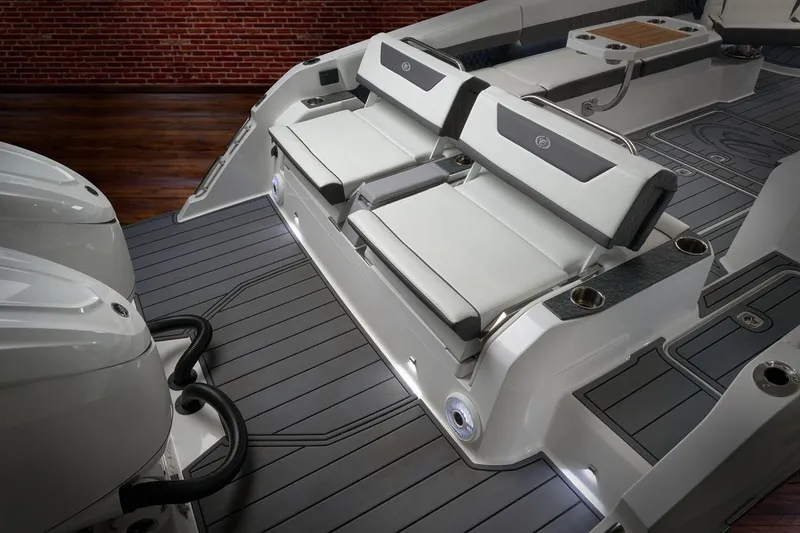 Slide: The Image of Manufacturer Provided Image: 2026 Cobalt R31 OB boat interior with sleek seating and modern design elements. - 5