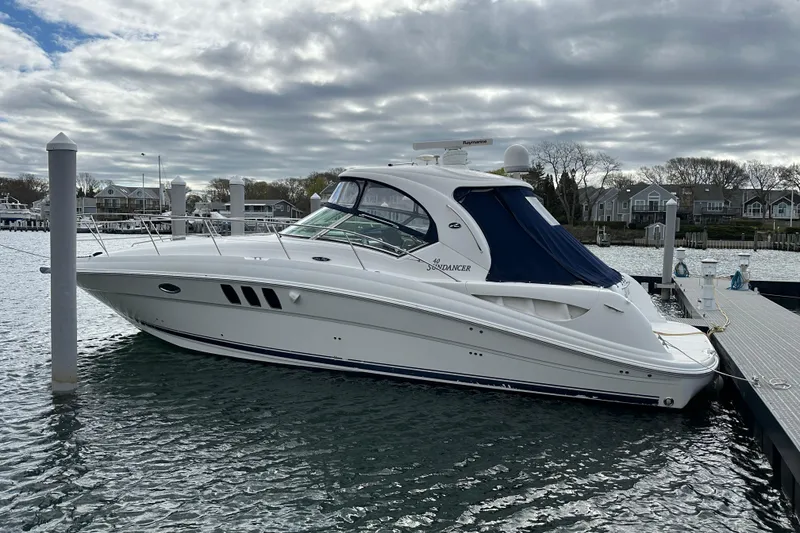 Slide: The Image of 2007 Sea Ray 40 Sundancer yacht on stands, displayed outdoors. - 7