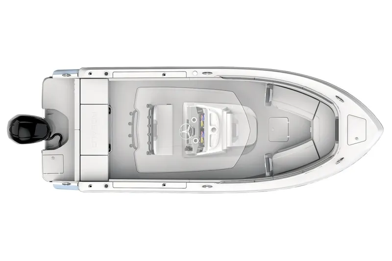 Slide: The Image of Manufacturer Provided Image: 2025 Robalo R232 Explorer boat, top view, showcasing sleek design and spacious layout. - 32