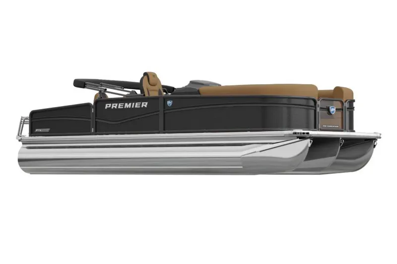 The Image of 2026 Premier 250 Sunsation RS CL pontoon boat, sleek design, black exterior, tan seating. - 1